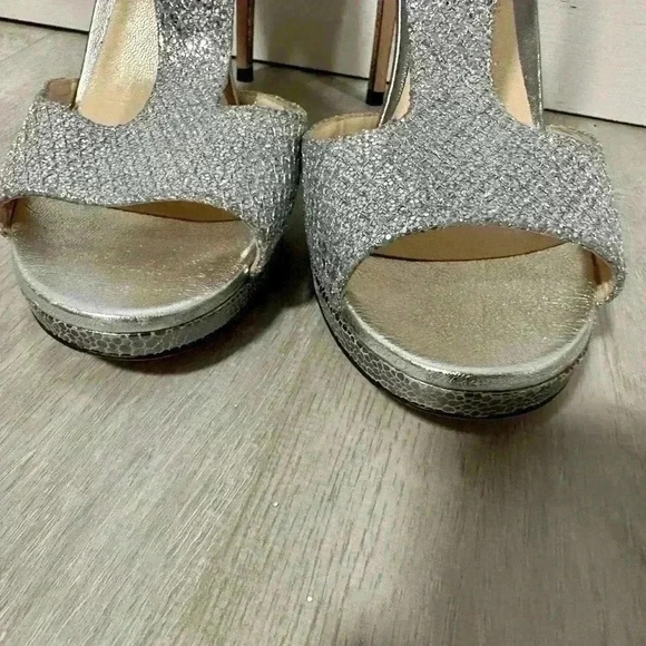 Jimmy Choo Womens Heels Size 38.5-8 Silver Glitter Platform Zip Back Glamorous - Picture 8 of 11